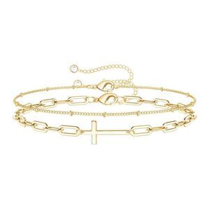 18K Gold Plated Stainless Steel Multi Strand Cross Bracelet Women's Spiritual
